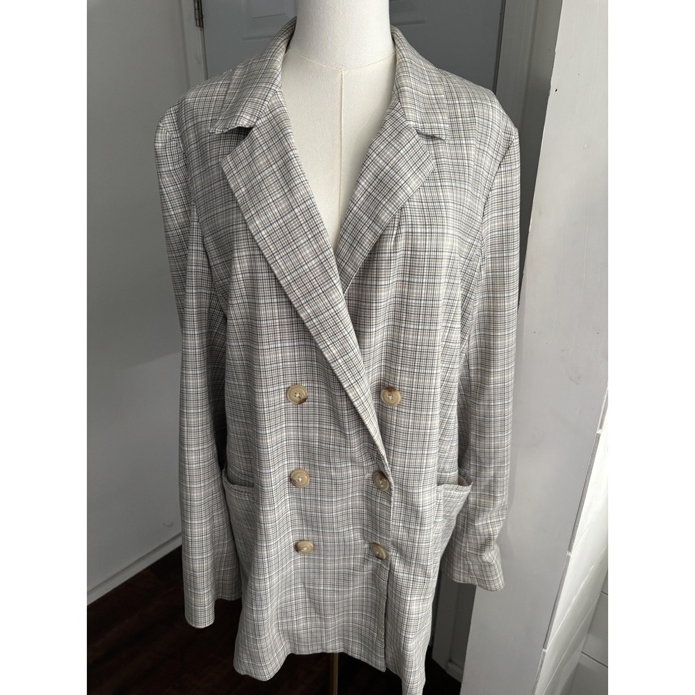 Free People Blazer Womens Medium Gray Plaid Double Breasted Relaxed Longline